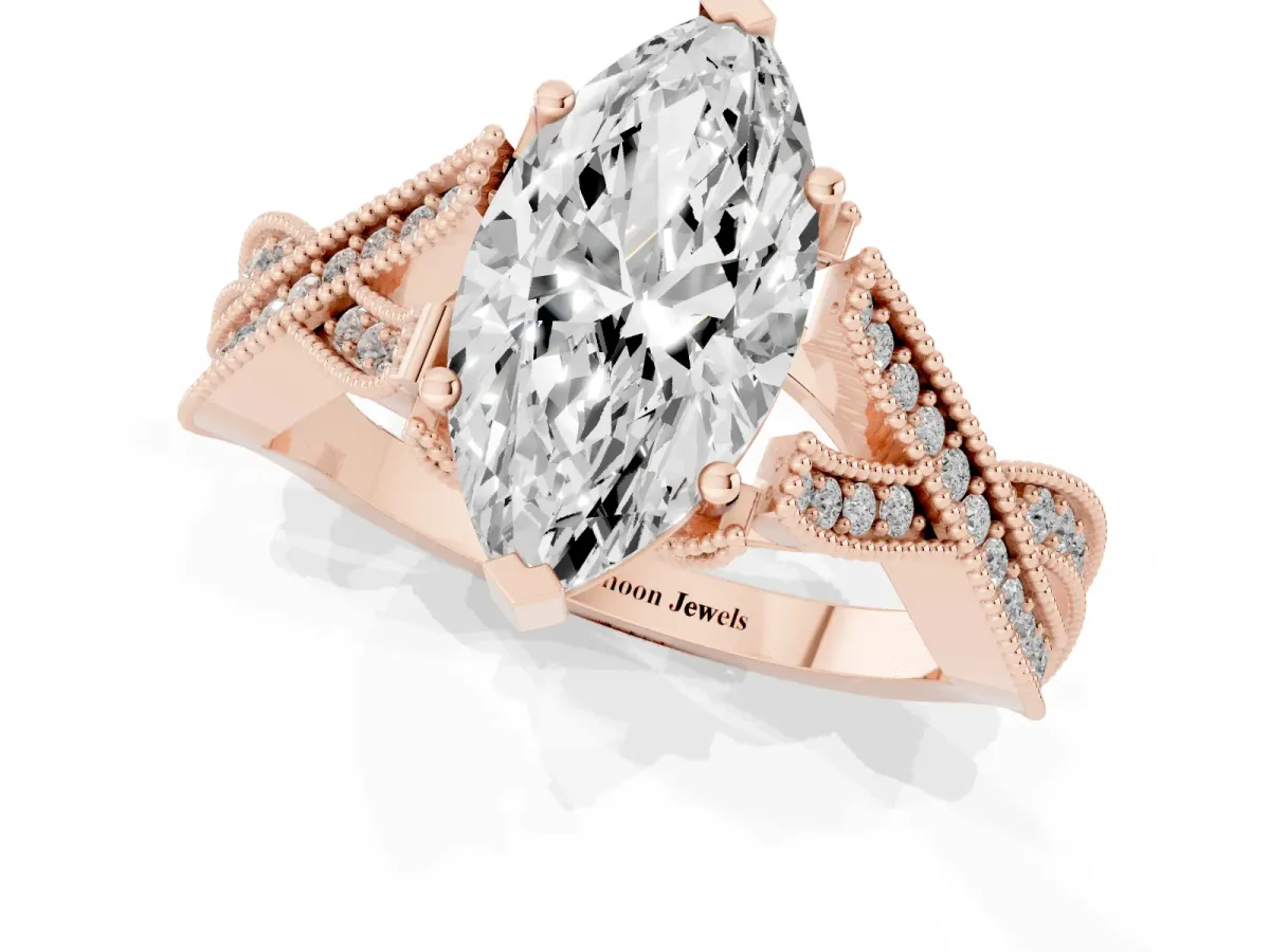 Marquise Cut Cut Diamond Twisted Band with Milgrain Pave Setting and Four-Prong Setting Rose gold