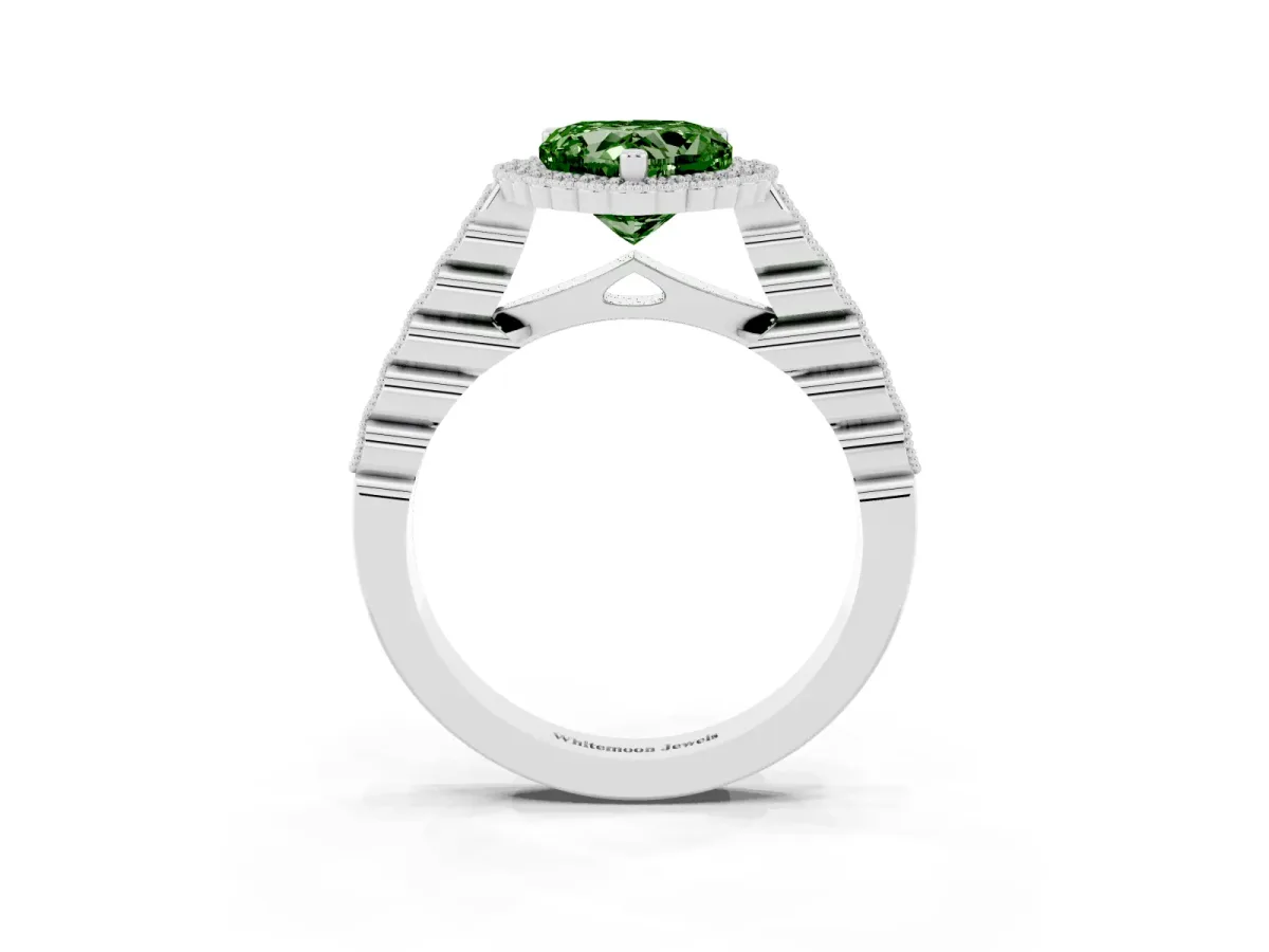 Fancy Green Heart Cut Cut Halo Pavé Solitaire Ring with Milgrain Band White gold