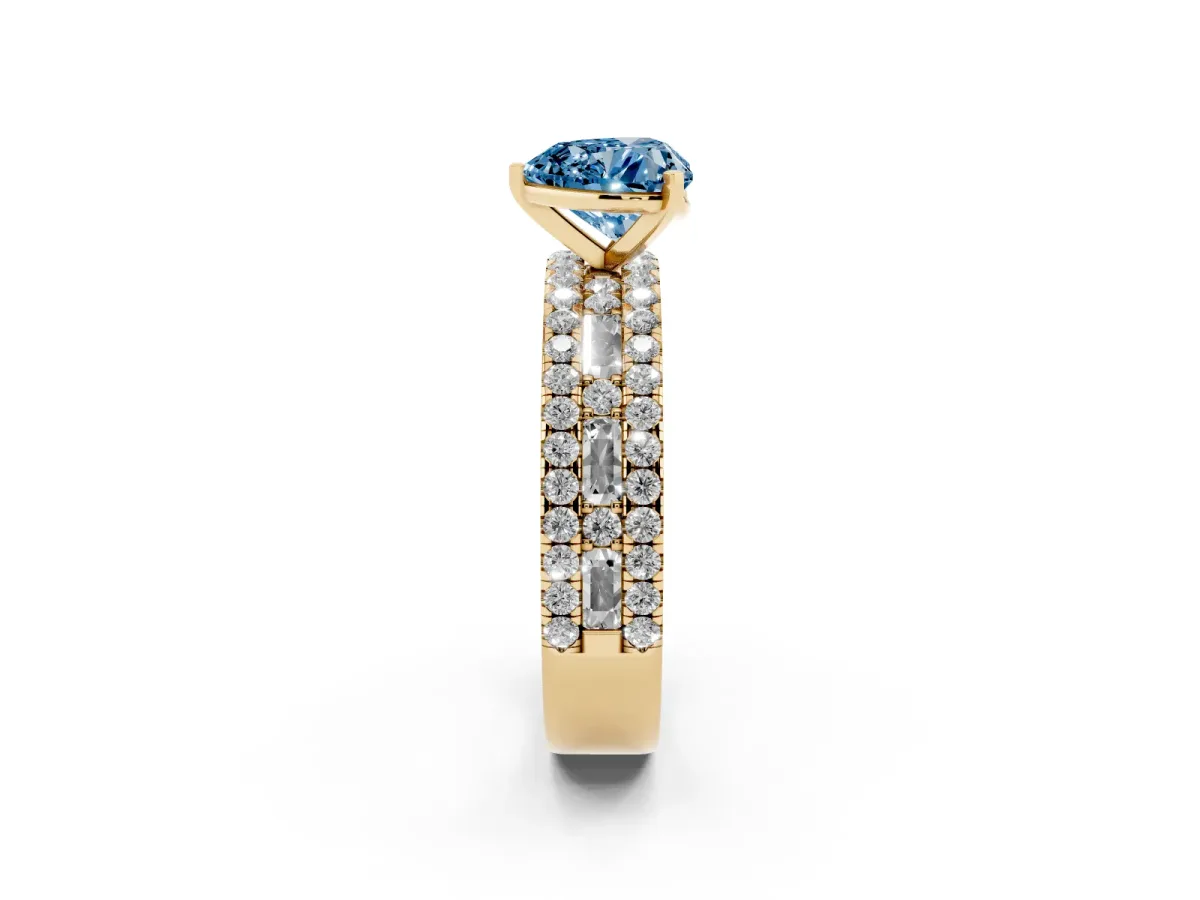 Fancy Blue Heart Cut Diamond Solitaire Ring with Pavé and Channel Set Band Yellow gold