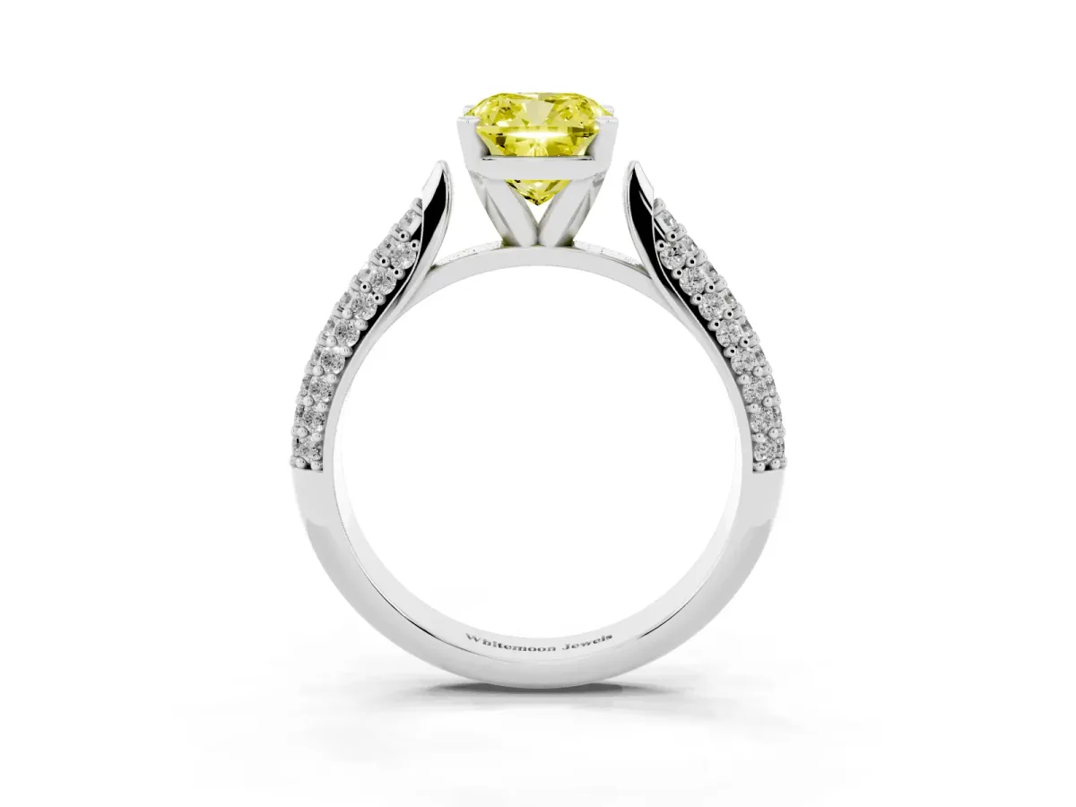 Fancy Yellow Cushion Cut Diamond Solitaire Engagement Ring with Multi-Row Round Pavé Band and Prong Setting Silver