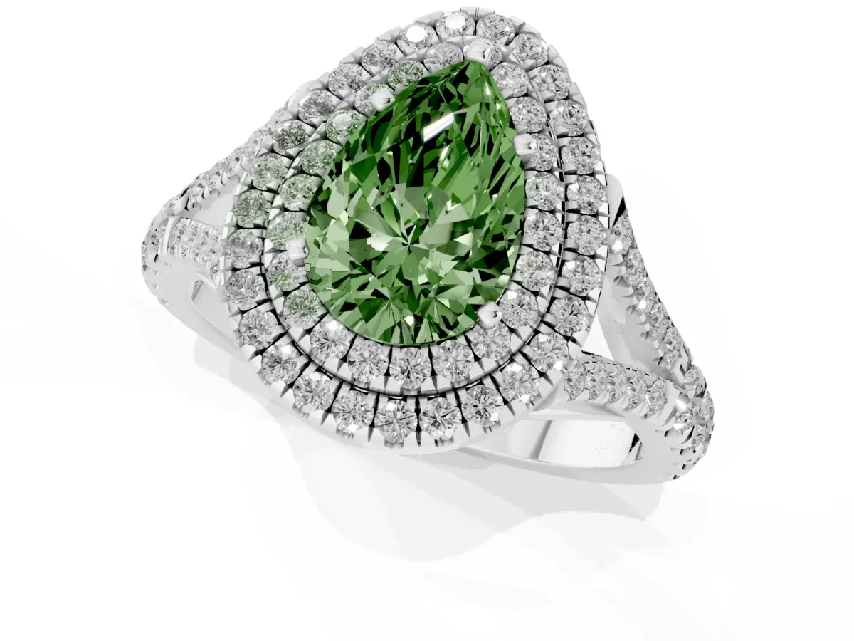 Fancy Green Pear Cut Cut Double Halo Split Shank Diamond Ring with Prong Setting Silver