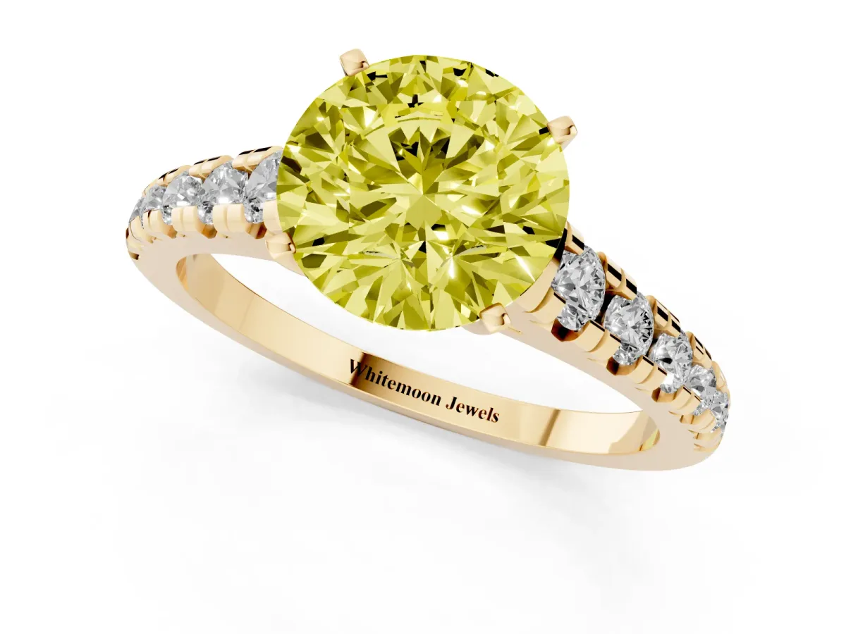 Fancy Yellow Round Cut Diamond Cathedral Solitaire Ring with Round Pavé Band Yellow gold