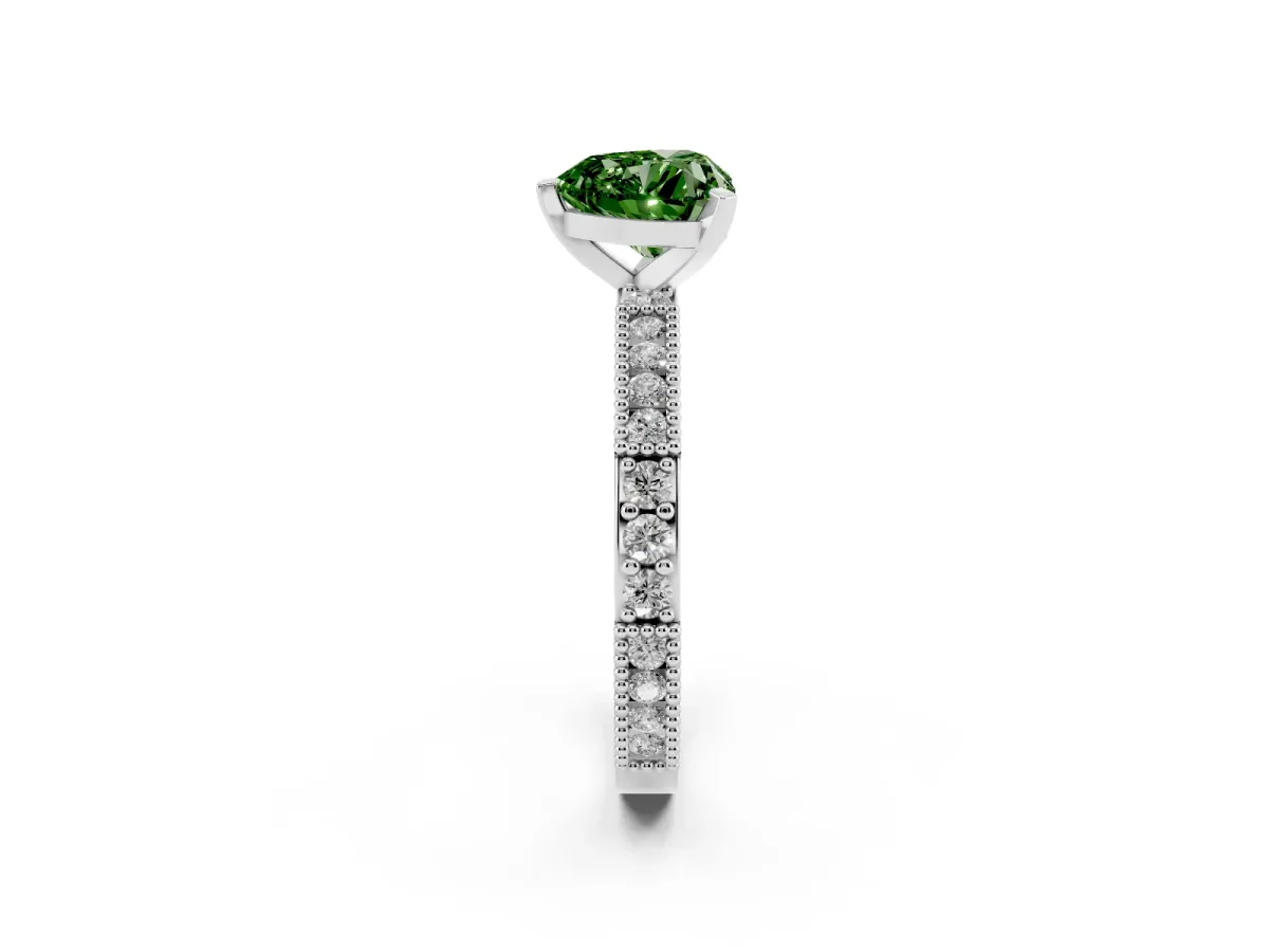 Fancy Green Heart Cut Solitaire with Pavé Band and Four-Prong Setting Silver