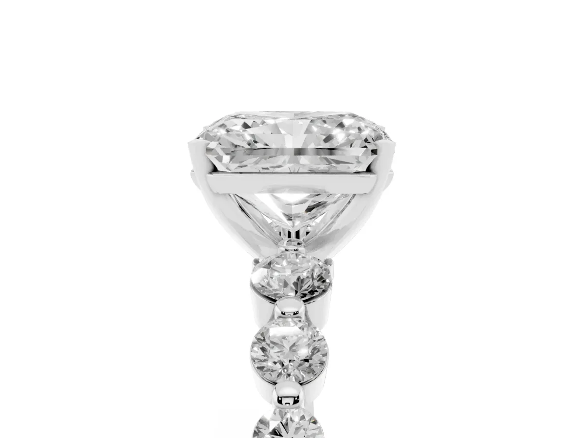 Radiant Cut Solitaire Diamond Ring with Pave Band and Four-Prong Setting Silver