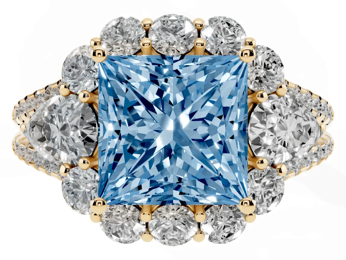 Fancy Blue Princess Cut Halo Split Shank Diamond Engagement Ring with Prong Setting Yellow gold