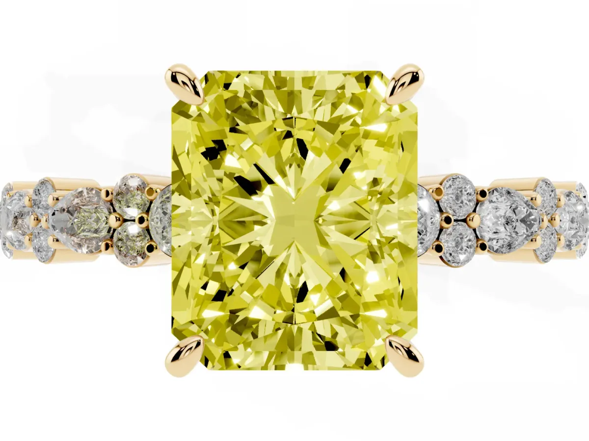 Fancy Yellow Radiant Cut Diamond Side Stone Solitaire Ring with Round and Four-Prong Setting Yellow gold