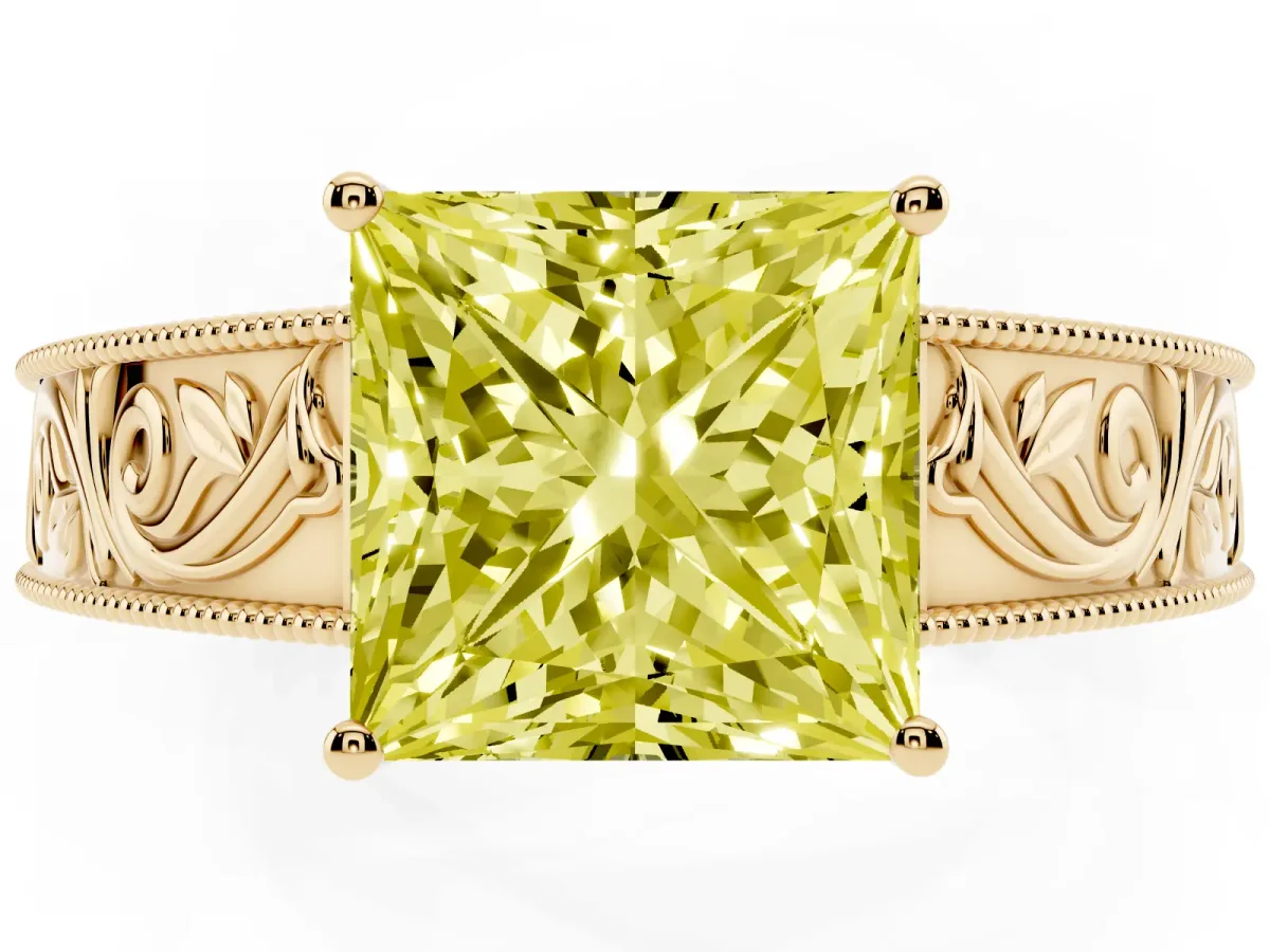 Fancy Yellow Princess Cut Diamond Solitaire Ring with Engraved Band and Four-Prong Setting Yellow gold