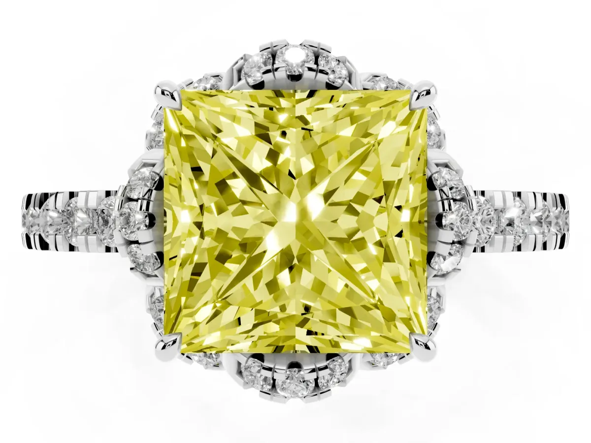 Fancy Yellow Princess Cut Diamond Halo Pave Band with Four-Prong Setting Silver
