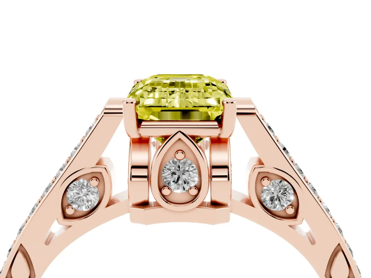 Fancy Yellow Emerald Cut Cut Cathedral Pave Diamond Engagement Ring with Six-Prong Setting Rose gold