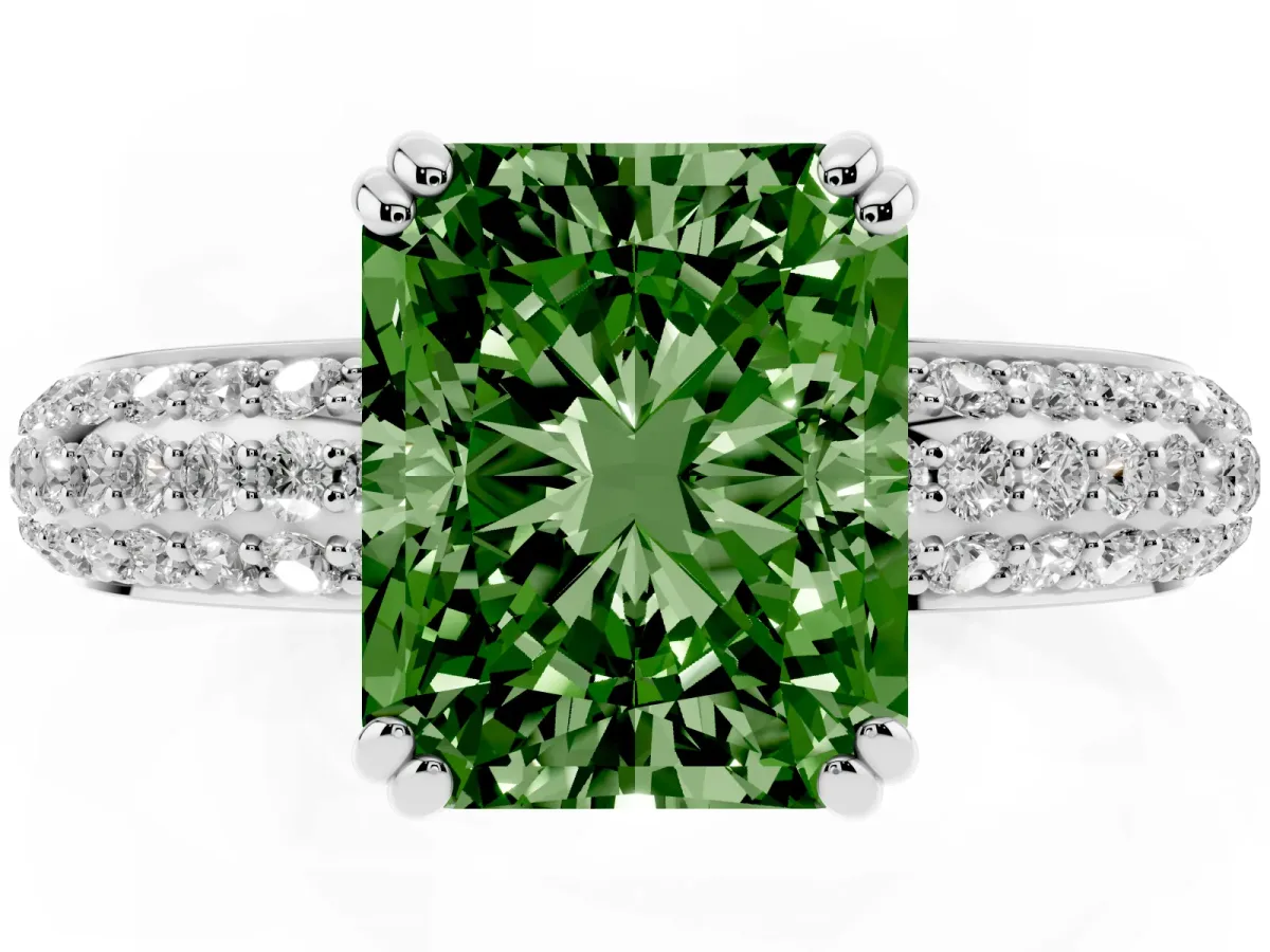 Fancy Green Radiant Cut Diamond Solitaire Ring with Multi-Row Round Pavé Band and Prong Setting White gold