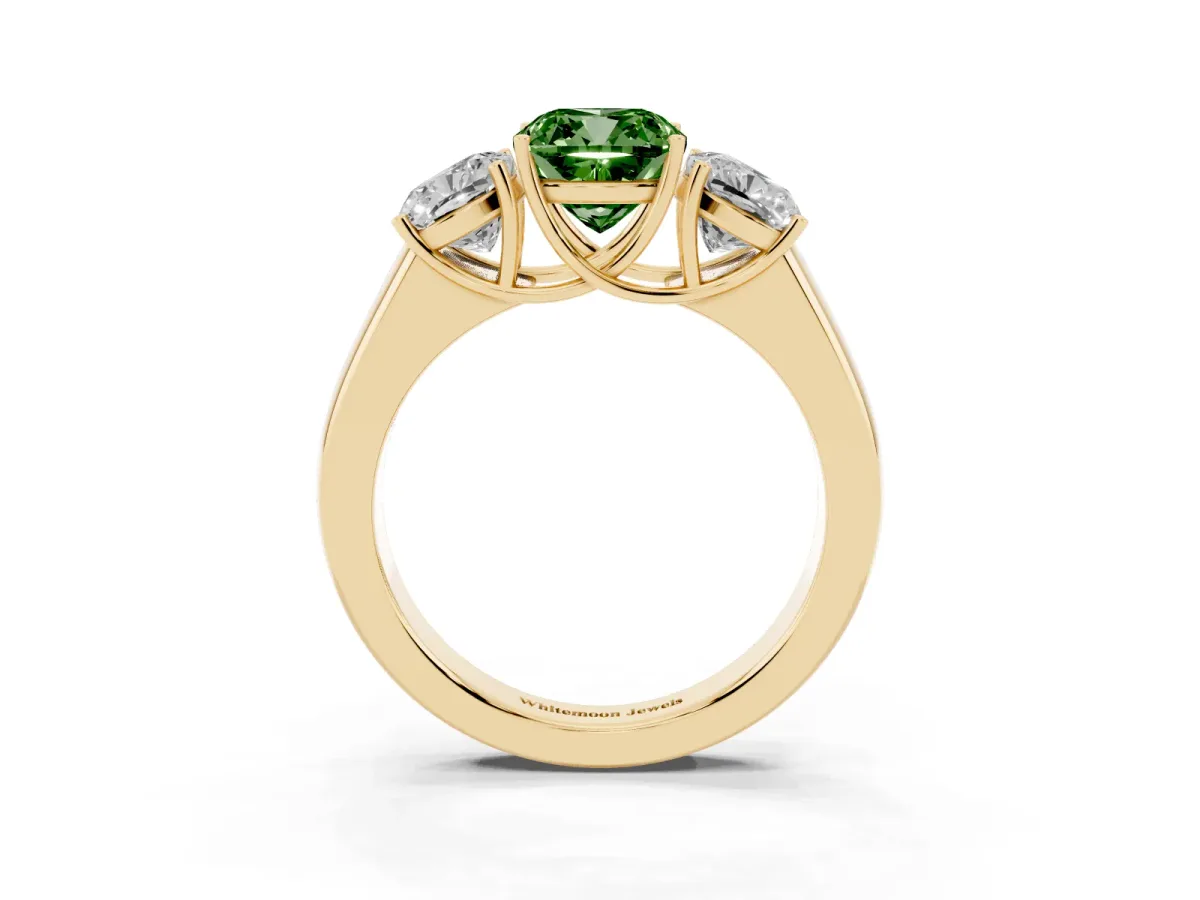 Fancy Green Three-Stone Cushion Cut Cut Diamond Ring with Prong Setting and Classic Band Yellow gold