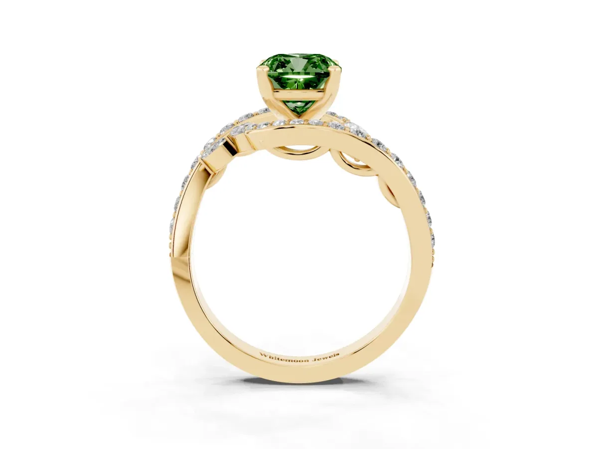 Fancy Green Cushion Cut Diamond Solitaire Ring with Filigree Band and Four-Prong Setting Yellow gold
