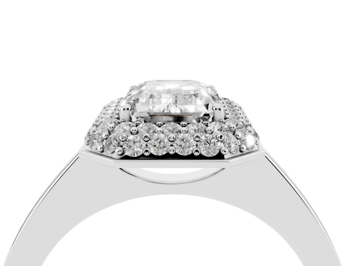 Emerald Cut Halo Diamond Engagement Ring with Solitaire Band and Four-Prong Setting Silver