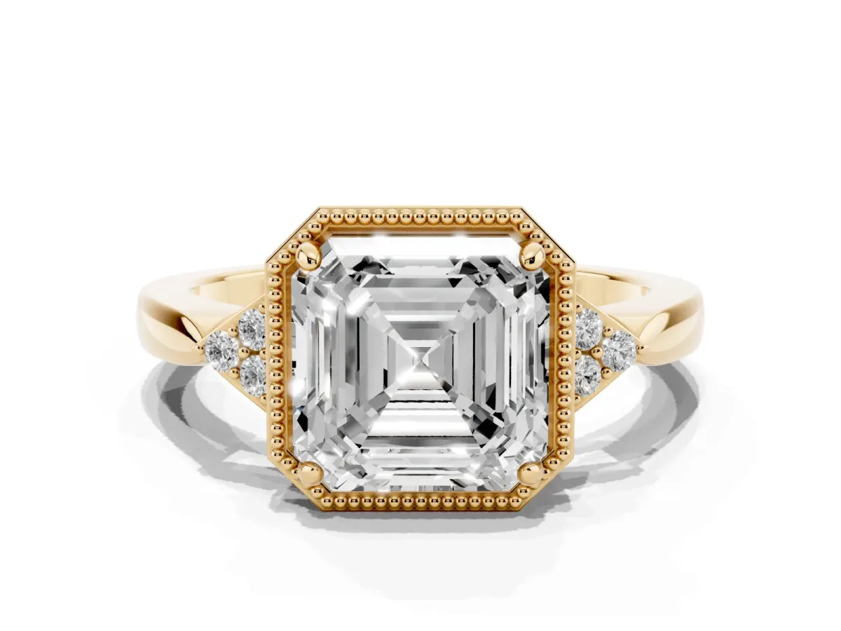 Asscher Cut Diamond Halo Ring with Tapered Band and Four-Prong Setting Yellow gold