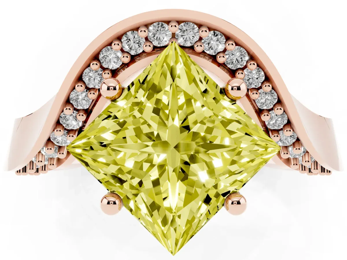 Fancy Yellow Princess Cut Solitaire Diamond Engagement Ring with Pave Band and Four-Prong Setting Rose gold