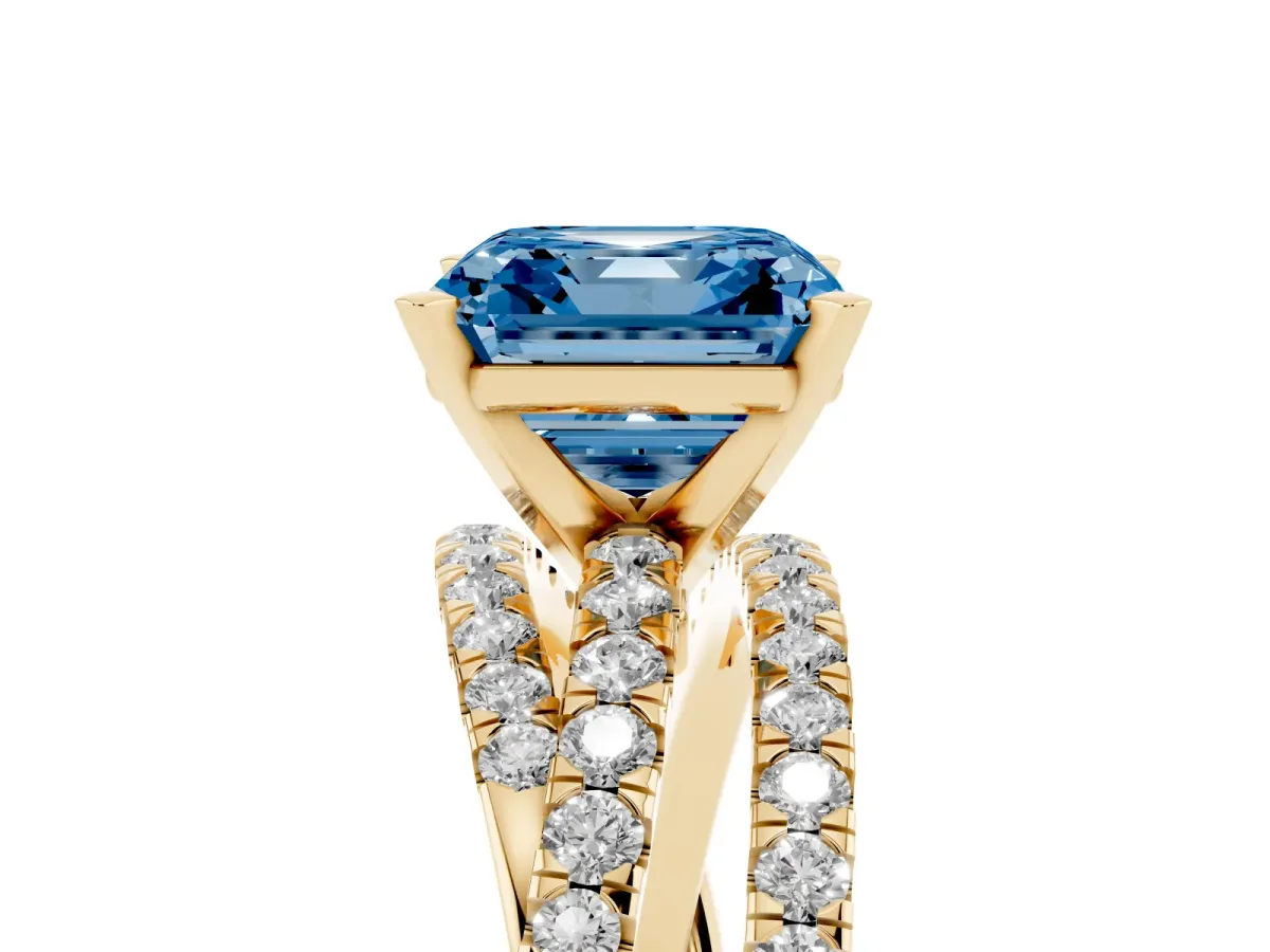 Fancy Blue Asscher Cut Solitaire Twist Band with Pavé Setting and Four-Prong Setting Yellow gold