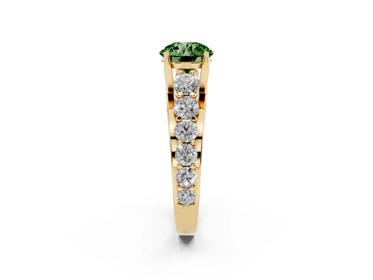 Fancy Green Round Cut Diamond Engagement Ring with Pavé Band and Four-Prong Setting Yellow gold