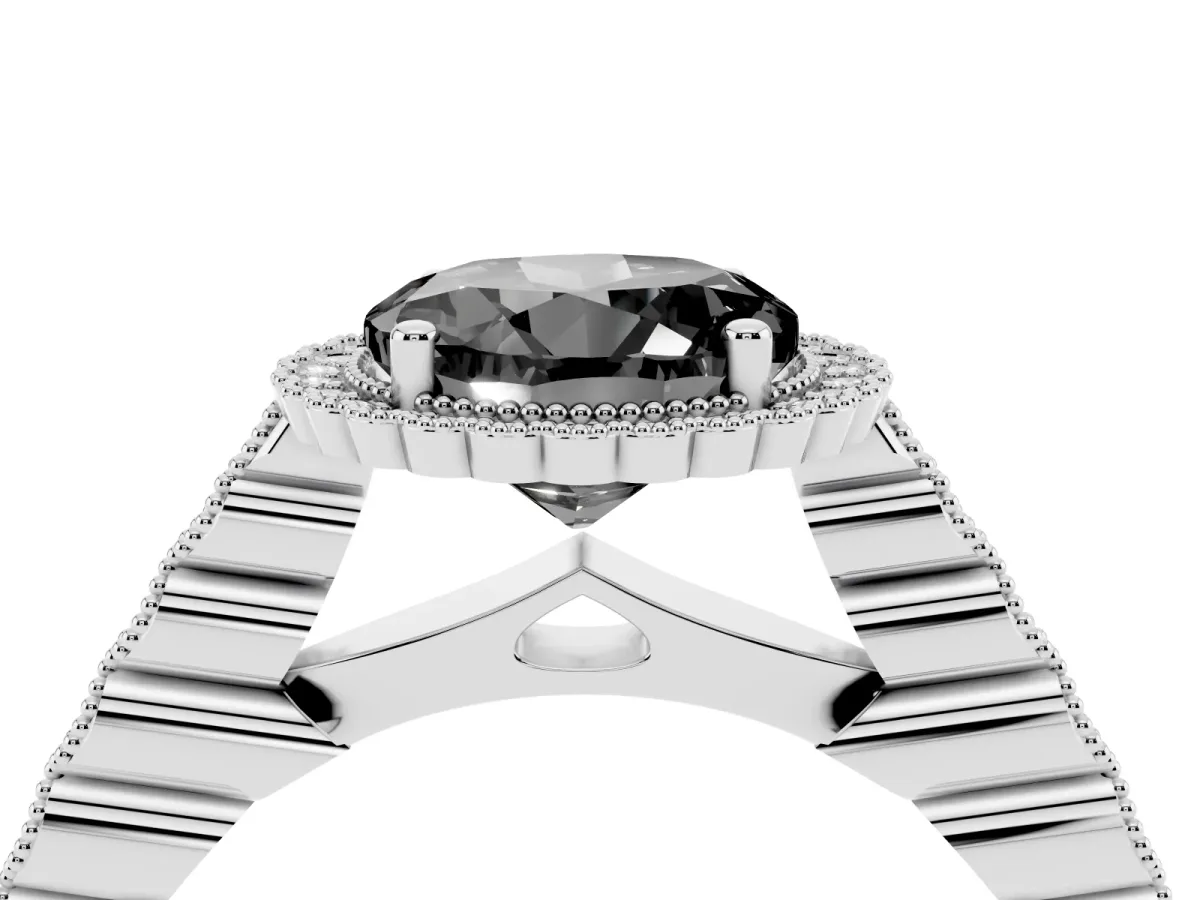 Fancy Black Round Cut Cut Halo Pavé Solitaire Ring with Milgrain Band White gold