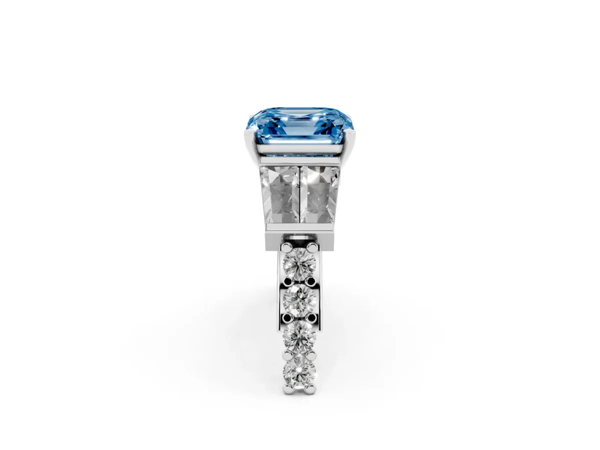 Fancy Blue Asscher Cut Diamond Engagement Ring with Baguette Side Stones and Channel Set Band White gold