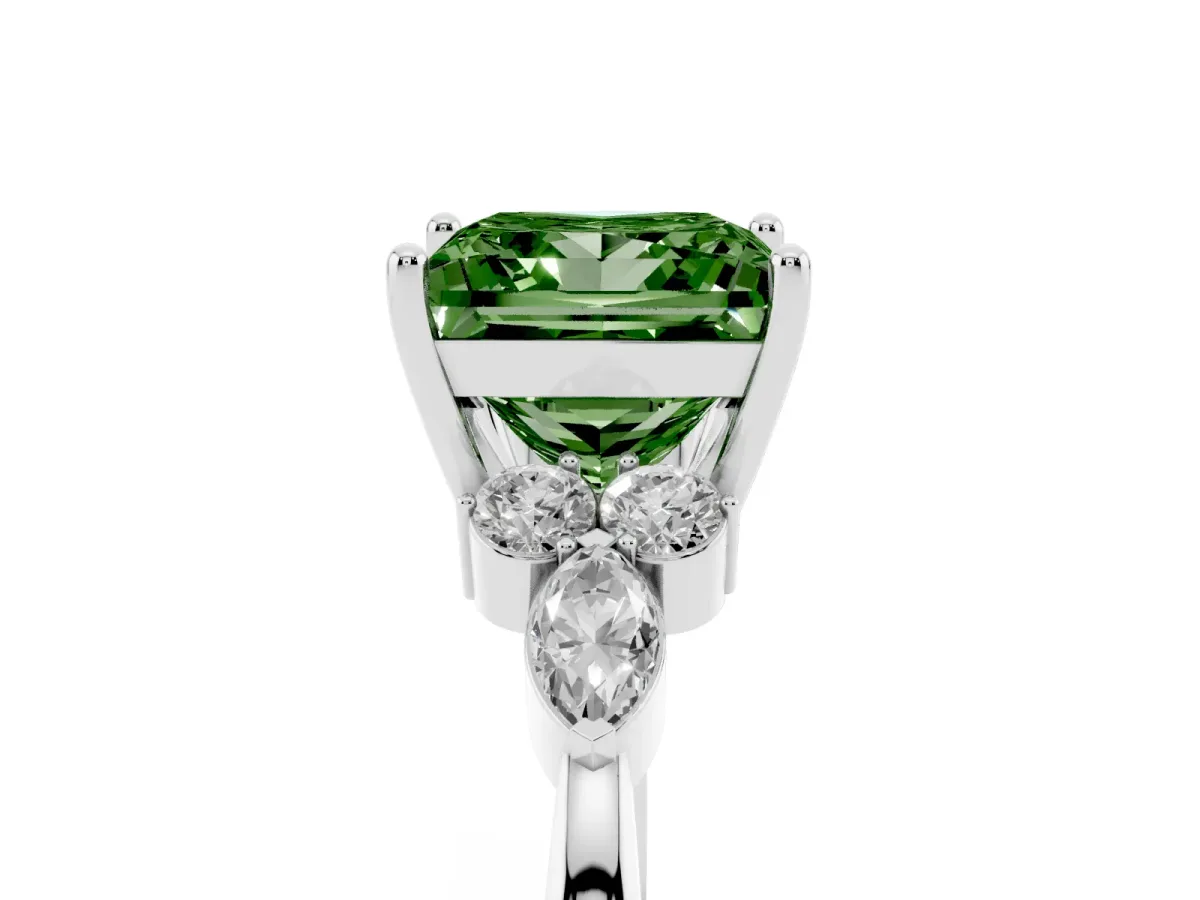 Fancy Green Princess Cut Brilliant Diamond Solitaire Ring with Pear Side Stones and Four-Prong Setting Silver