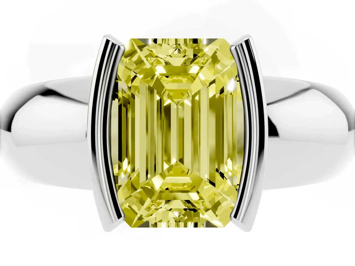 Fancy Yellow Emerald Cut Solitaire Tension Set Diamond Ring with Wide Band Silver