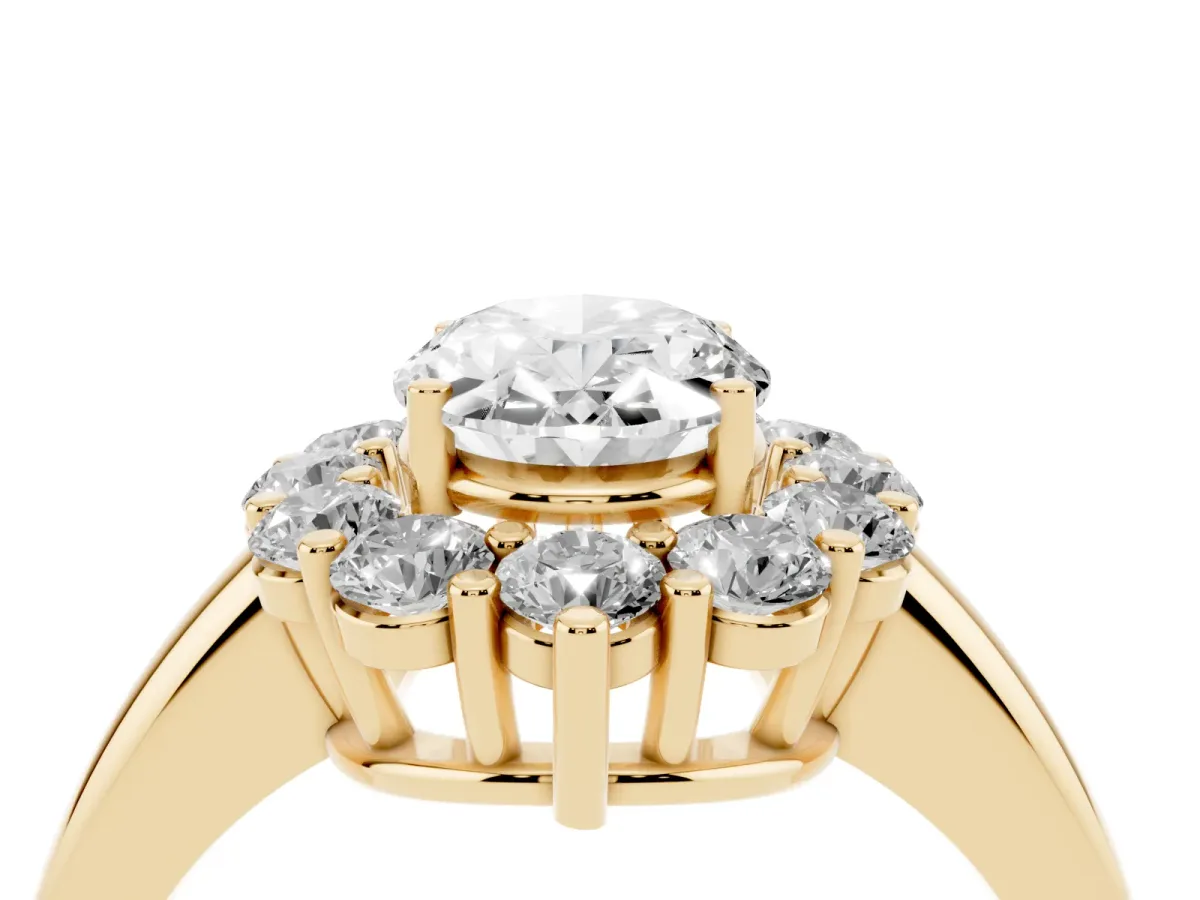 Oval Cut Halo Cluster Diamond Engagement Ring with Prong Setting and Polished Band Yellow gold