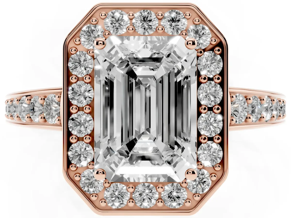 Emerald Cut Halo Pavé Diamond Engagement Ring with Bezel Setting Rose gold