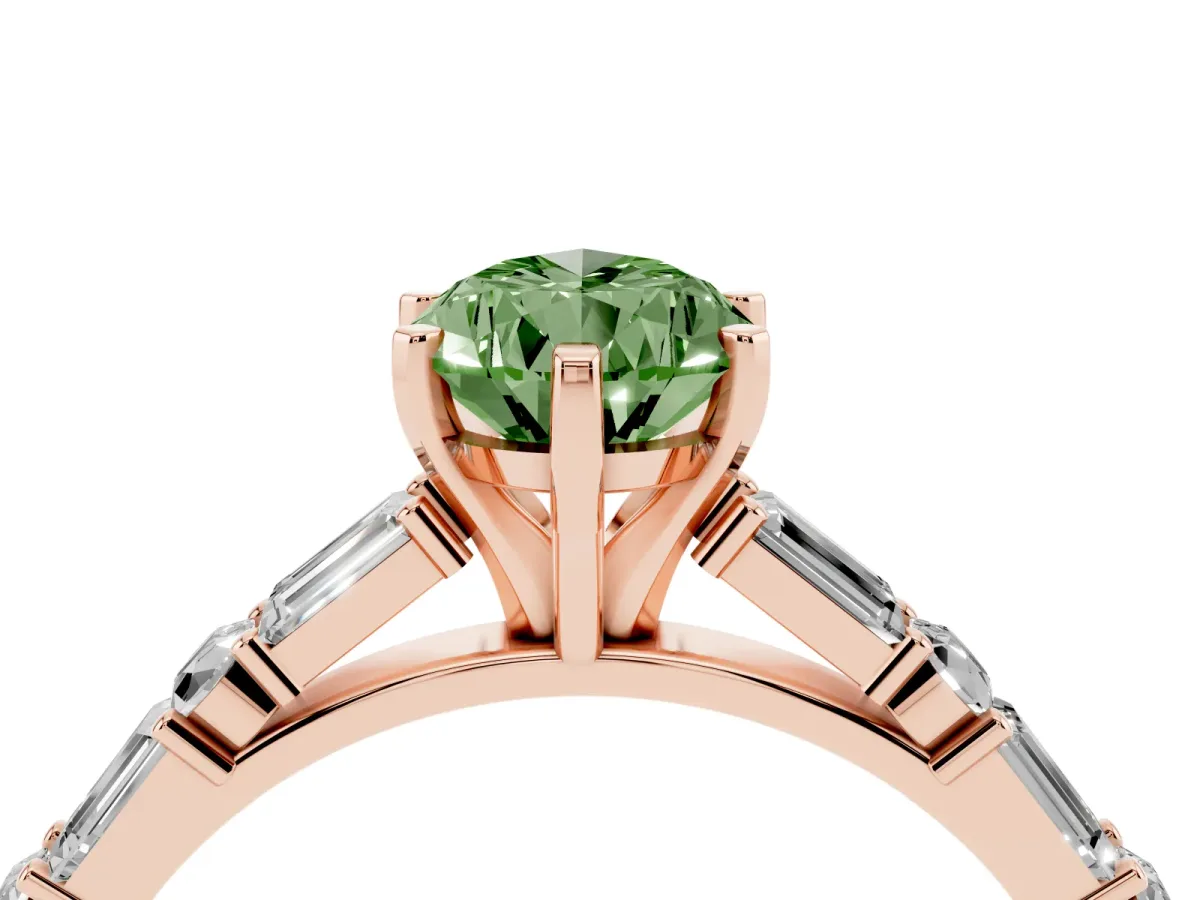 Fancy Green Pear Cut Diamond Solitaire with Side Baguettes and Channel Set Band Rose gold