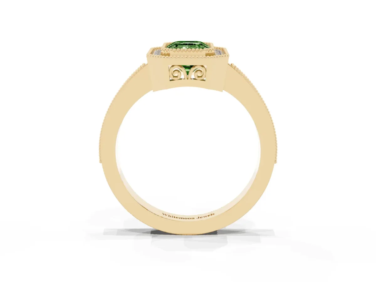 Fancy Green Emerald Cut Cut Halo Diamond Ring with Pavé Band and Milgrain Prong Setting Yellow gold