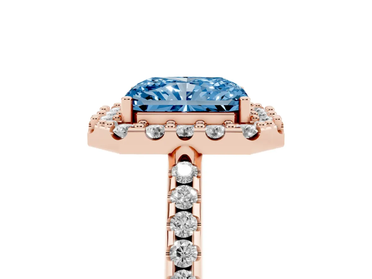 Fancy Blue Radiant Cut Diamond Pavé Halo Ring with Four-Prong Setting Rose gold