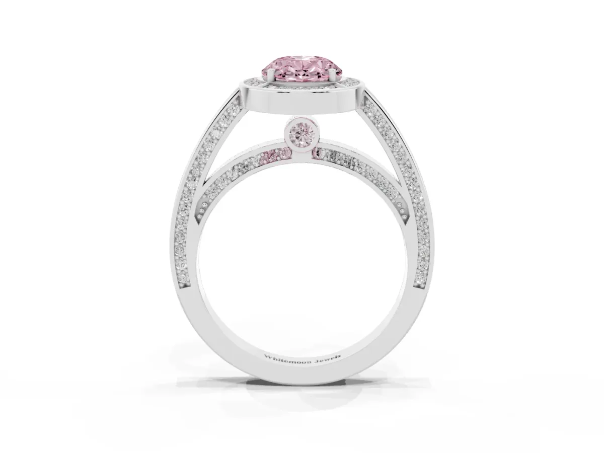 Fancy Pink Oval Cut Cut Halo Pave Split Shank Prong Setting Ring White gold