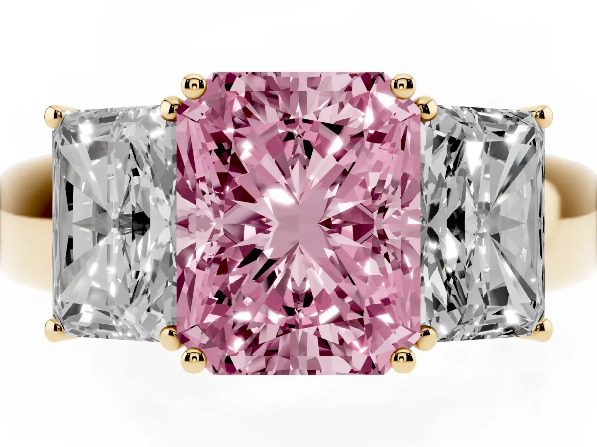 Fancy Pink Three-Stone Radiant Cut Cut Diamond Ring with Prong Setting and Classic Band Yellow gold