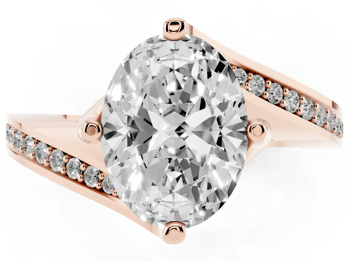Oval Cut Solitaire Diamond Twist Band with Pavé Setting and Four-Prong Setting Rose gold