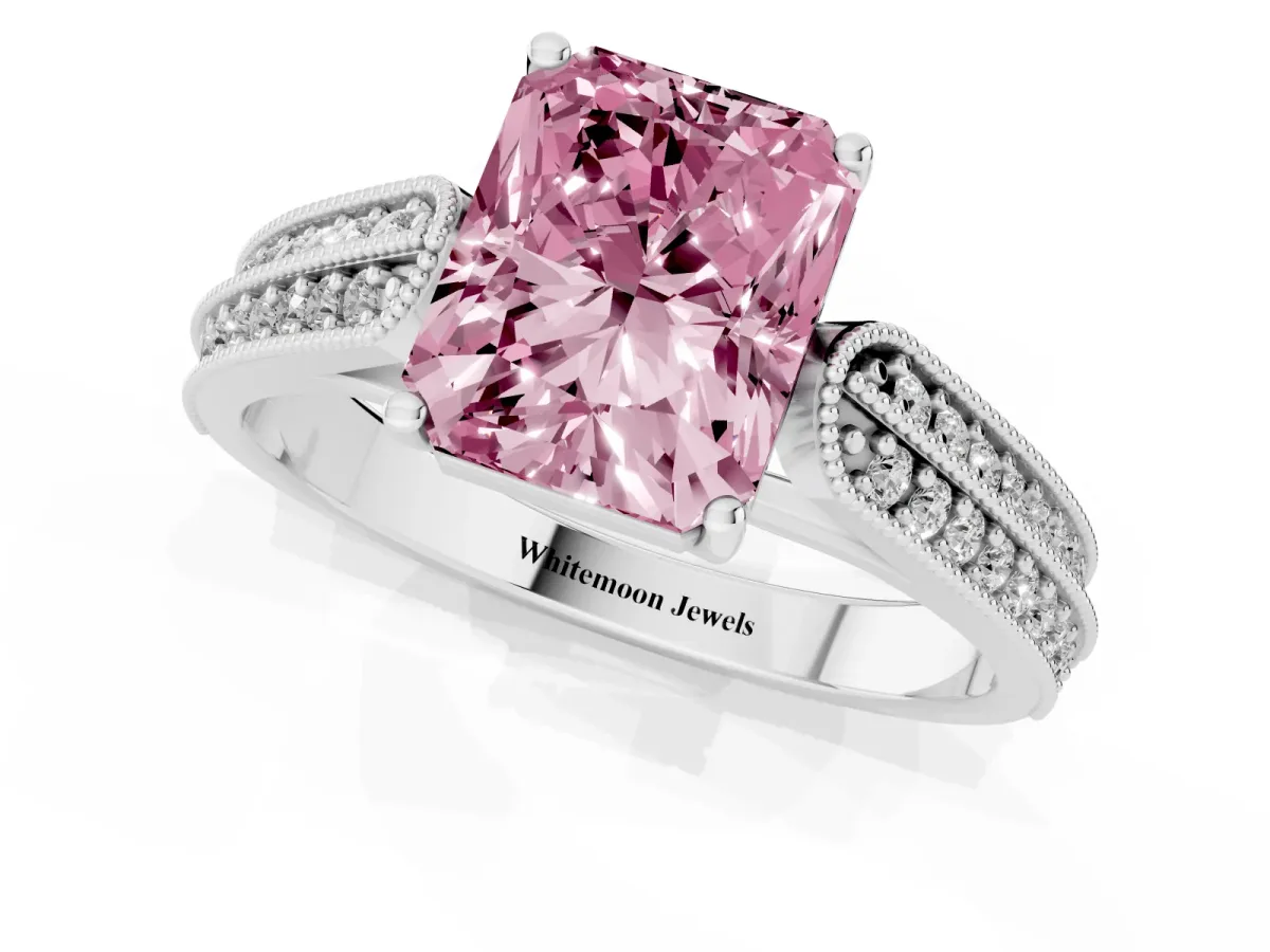 Fancy Pink Radiant Cut Cut Pave Split Shank Engagement Ring with Four-Prong Setting White gold