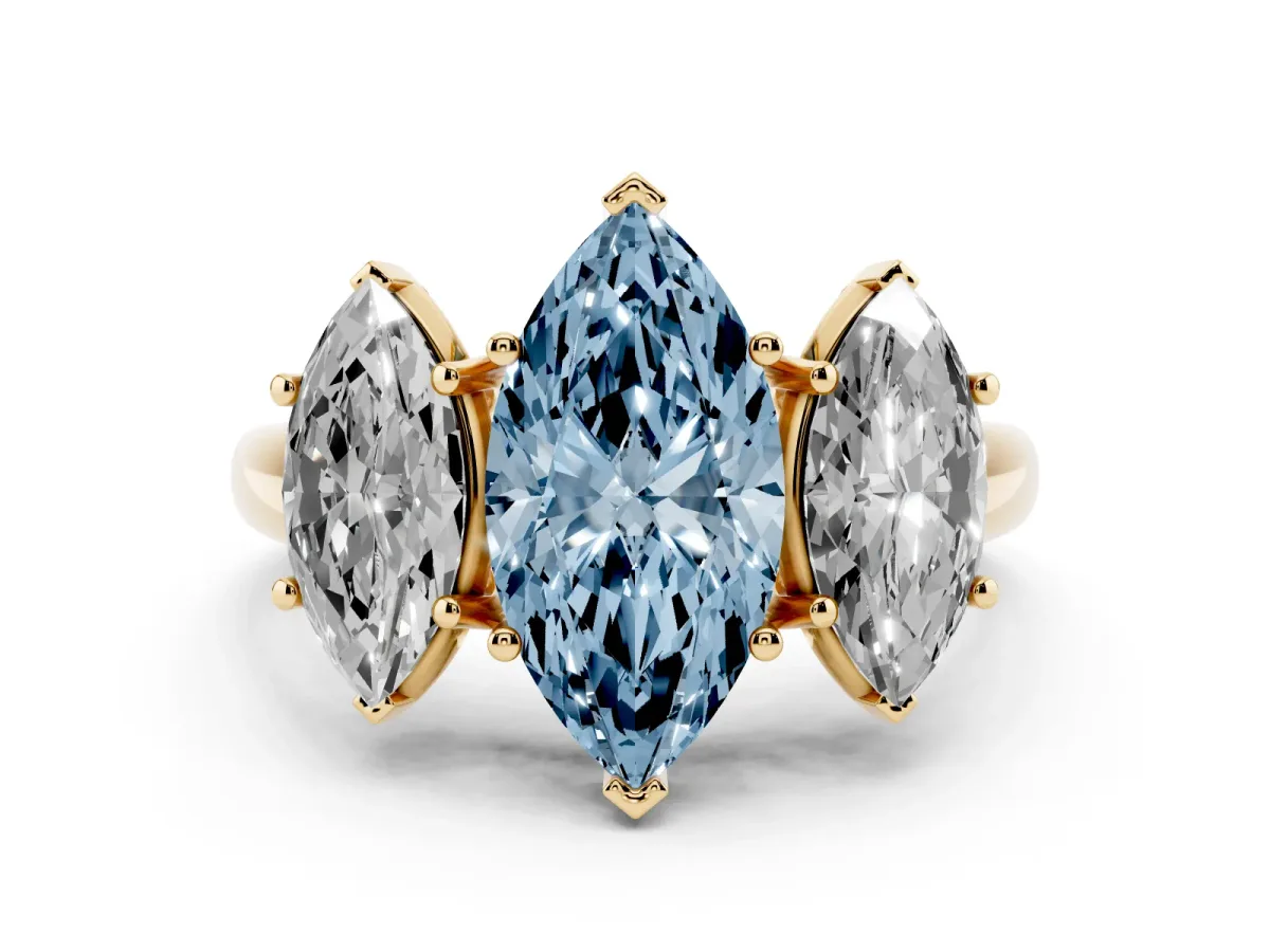 Fancy Blue Three-Stone Marquise Cut Diamond Engagement Ring with Prong Setting Yellow gold