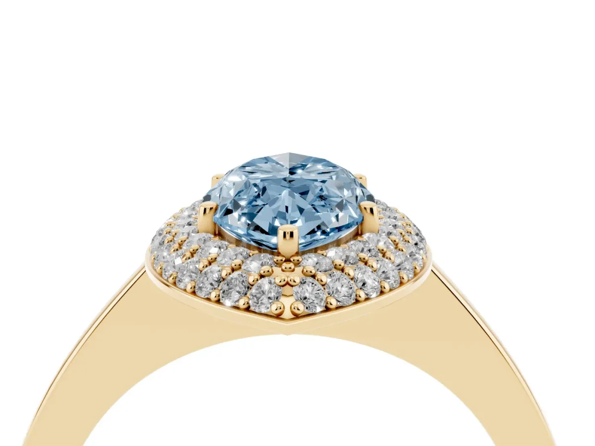Fancy Blue Marquise Cut Halo Diamond Engagement Ring with Solitaire Band and Four-Prong Setting Yellow gold