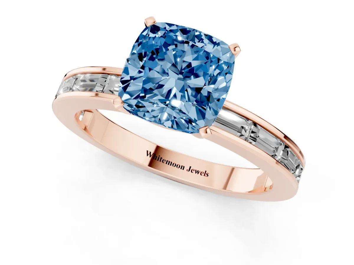 Fancy Blue Cushion Cut Solitaire Diamond Ring with Channel-Set Baguette Band and Four-Prong Setting Rose gold