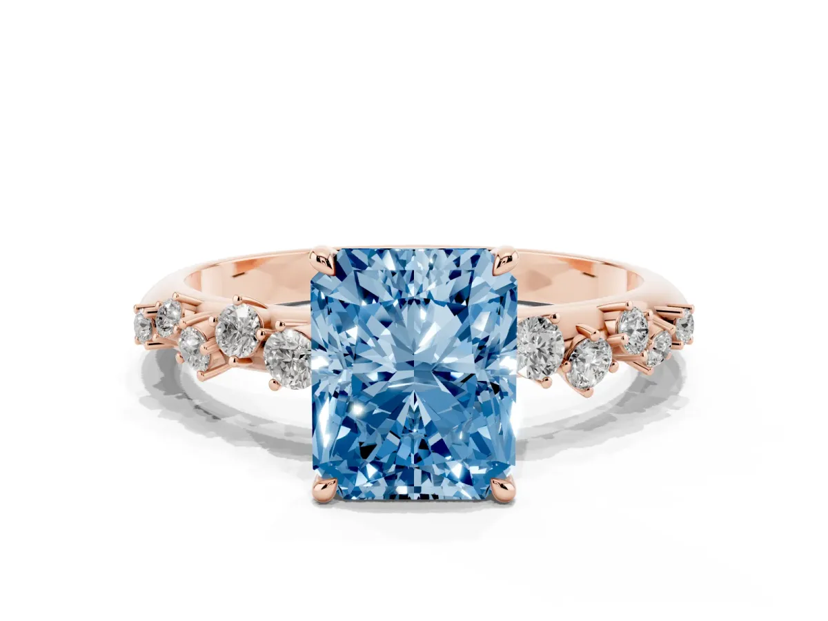 Fancy Blue Radiant Cut Diamond Cluster Side Stone Solitaire Ring with Prong Setting Rose gold