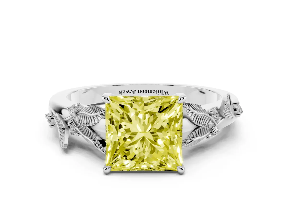 Fancy Yellow Princess Cut Diamond Solitaire Ring with Leaf Motif Band and Four-Prong Setting Silver