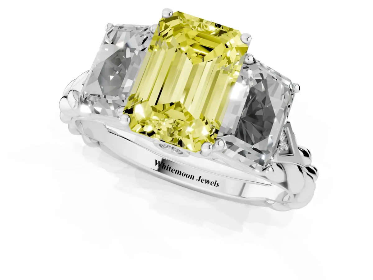 Fancy Yellow Three-Stone Emerald Cut Diamond Braided Band Ring with Four-Prong Setting Platinum