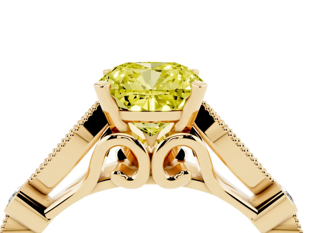 Fancy Yellow Cushion Cut Cut Diamond with Milgrain Marquise and Bezel Accents on a Solitaire Band with Prong Setting Yellow gold
