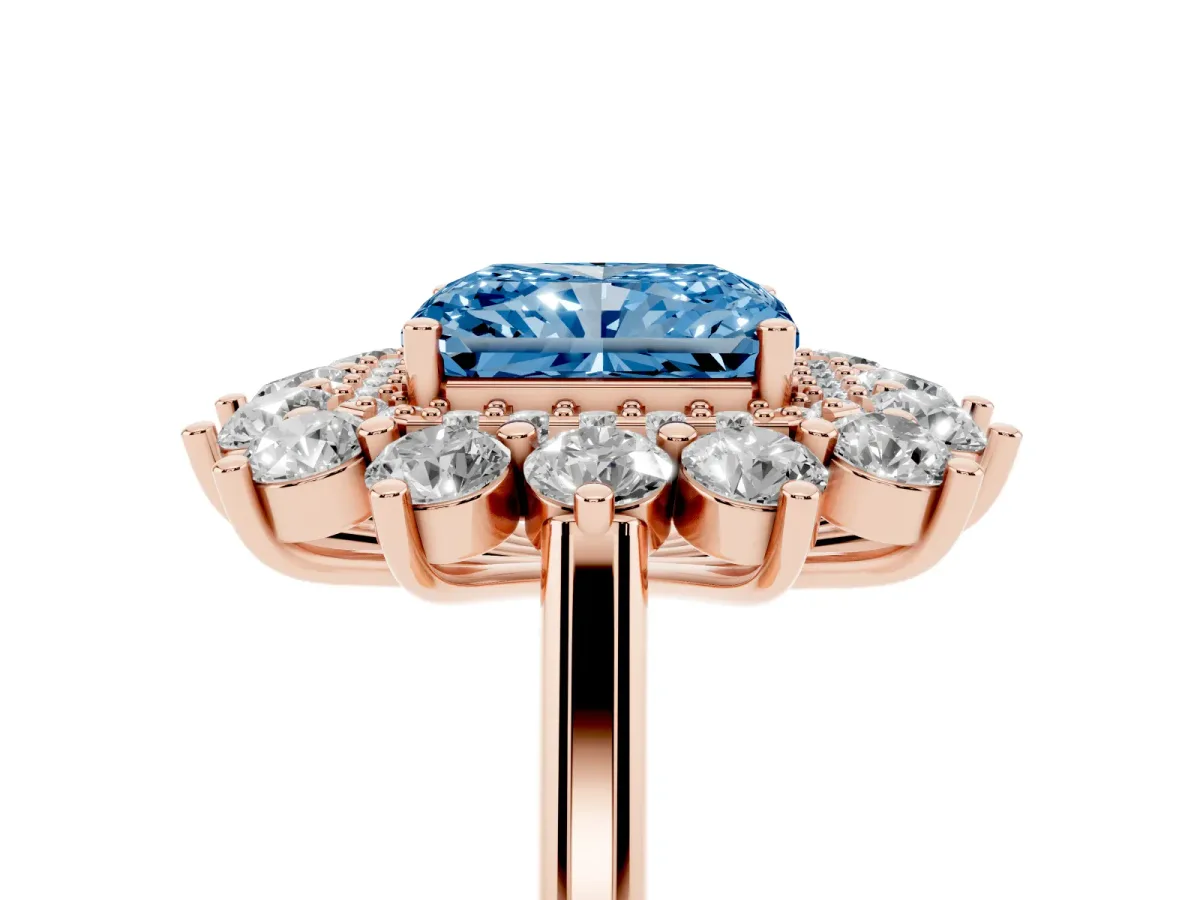 Fancy Blue Radiant Cut Diamond Floral Double Halo Engagement Ring with Prong Setting Rose gold