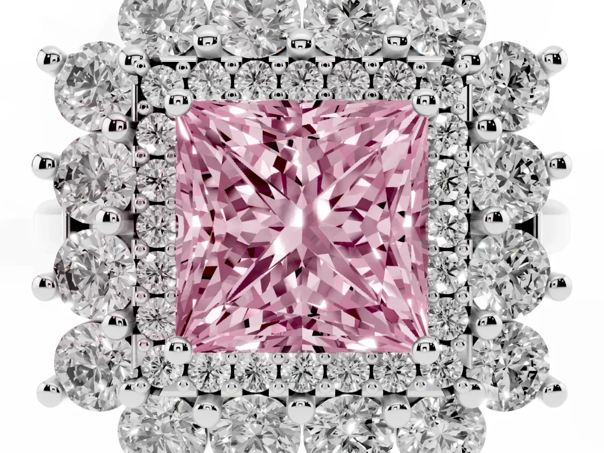 Fancy Pink Princess Cut Diamond Floral Double Halo Engagement Ring with Prong Setting Silver