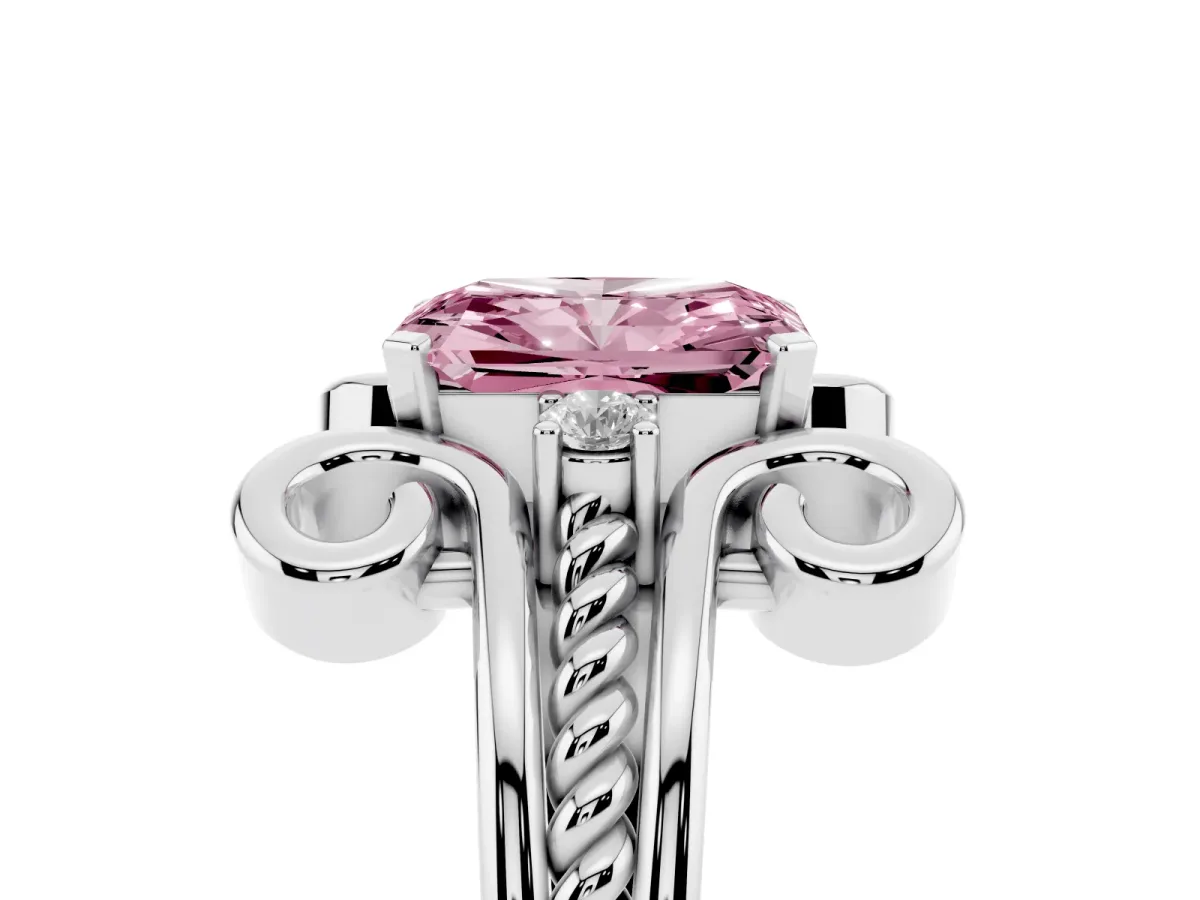 Fancy Pink Radiant Cut Solitaire Twisted Band Scroll Prong Ring Silver