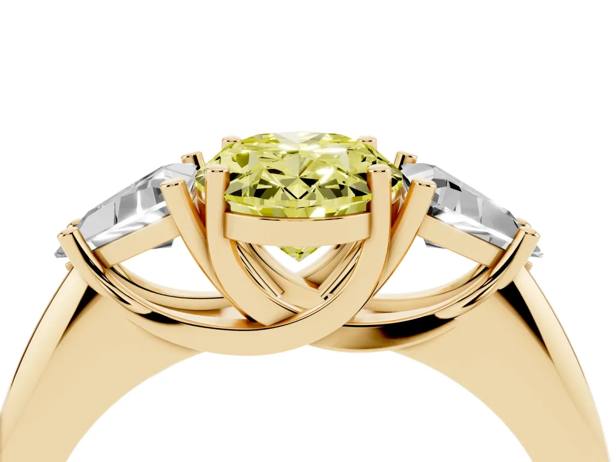 Fancy Yellow Three-Stone Oval Cut Diamond Engagement Ring with Trillion Side Stones and Prong Setting Yellow gold