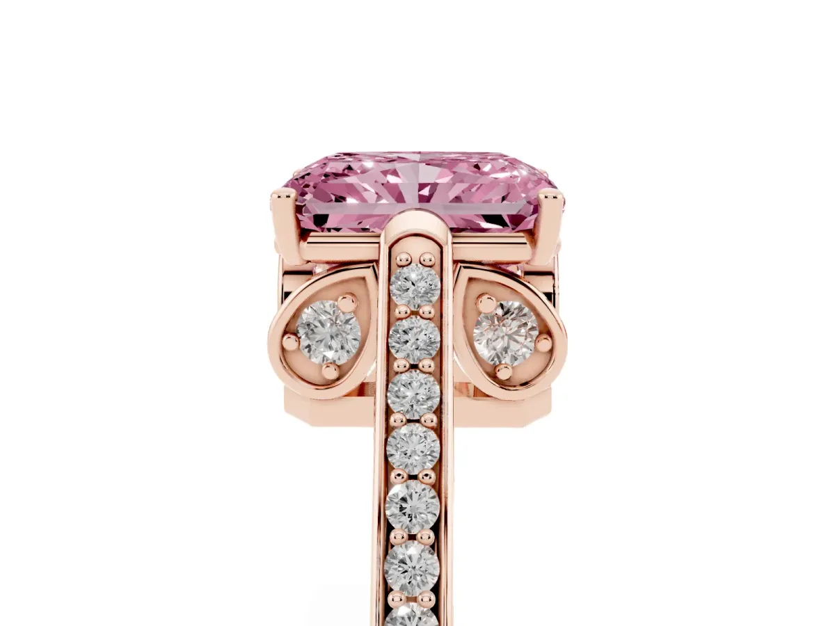 Fancy Pink Radiant Cut Cut Cathedral Pave Diamond Engagement Ring with Six-Prong Setting Rose gold