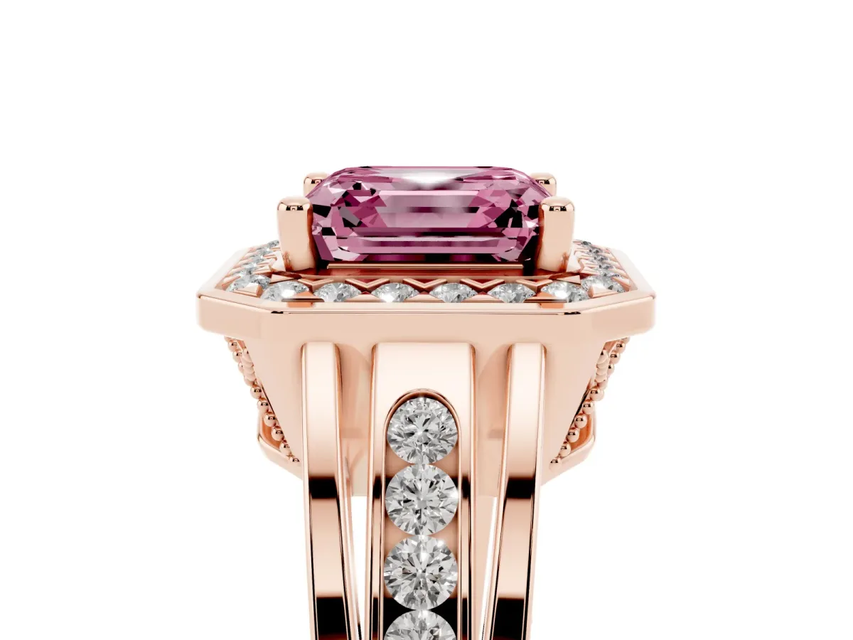 Fancy Pink Asscher Cut Diamond Halo Ring with Split Shank and Bezel Accents and Prong Setting Rose gold