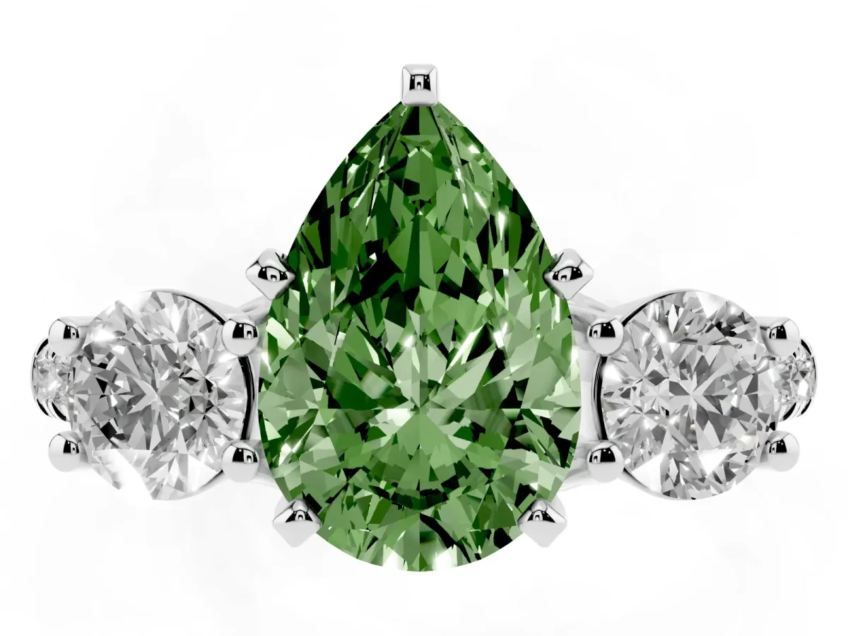 Fancy Green Three-Stone Pear Cut Diamond Pavé Band with Four-Prong Setting Platinum