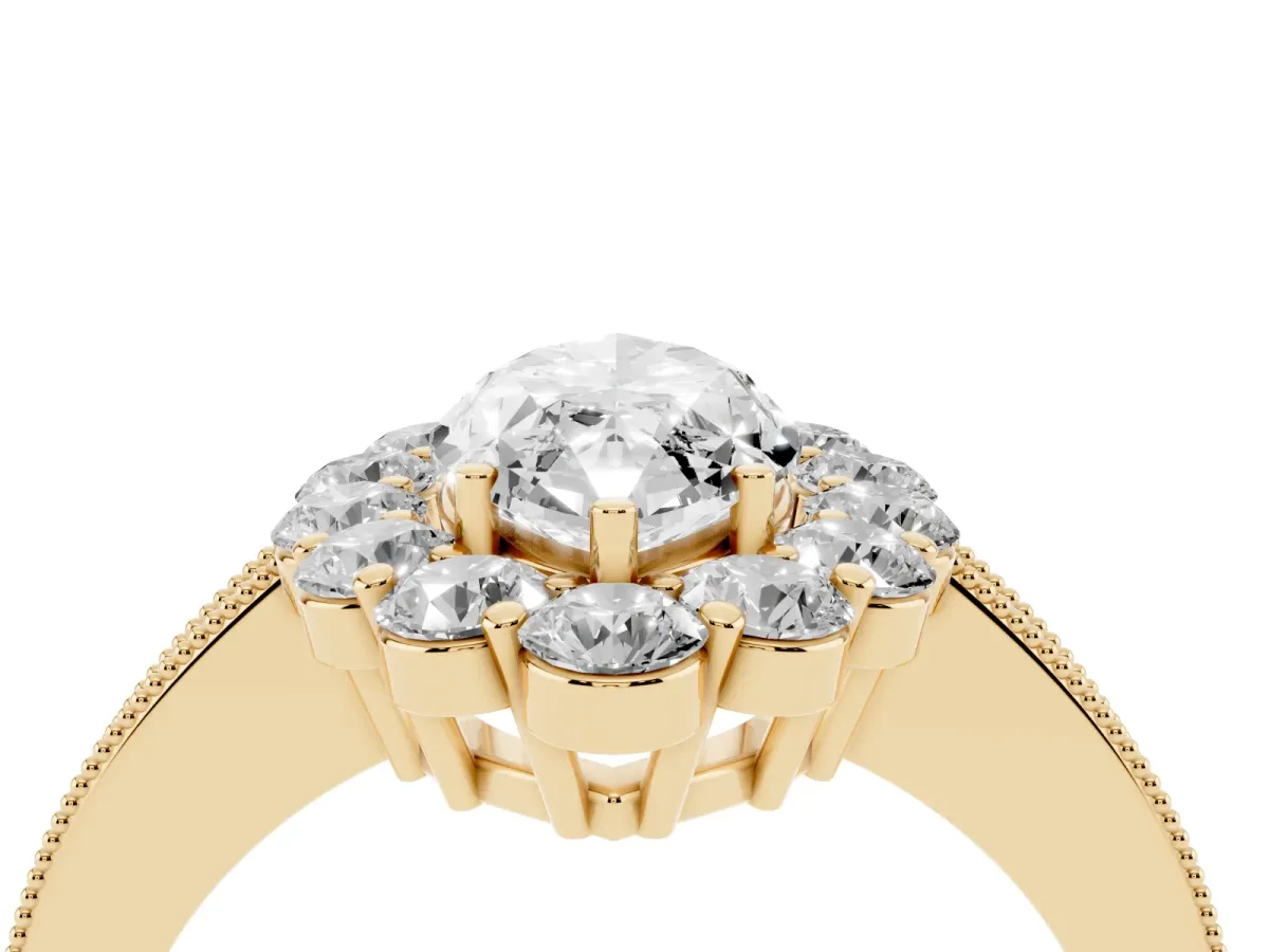 Marquise Cut Cut Halo Diamond Pavé Engagement Ring with Milgrain Detailing Yellow gold