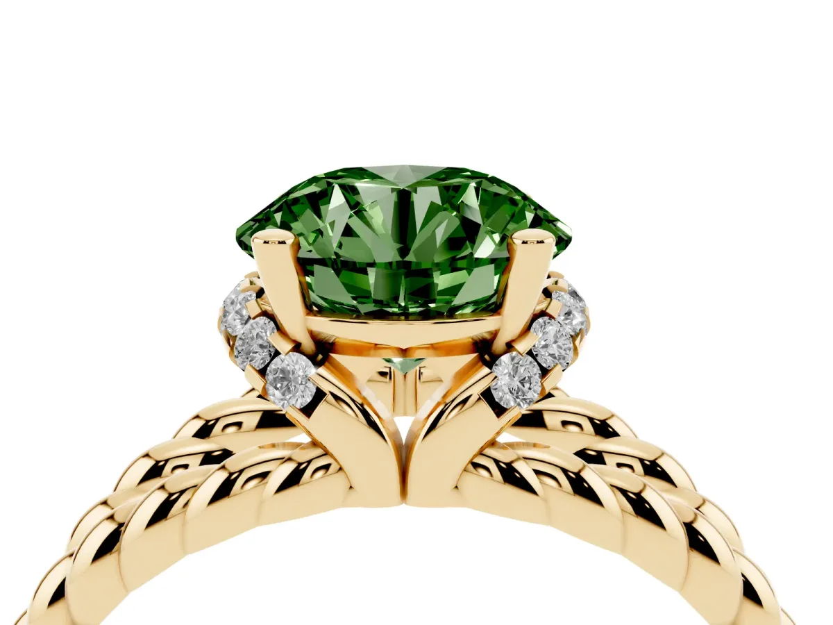 Fancy Green Round Cut Halo Twisted Band Four-Prong Ring Yellow gold
